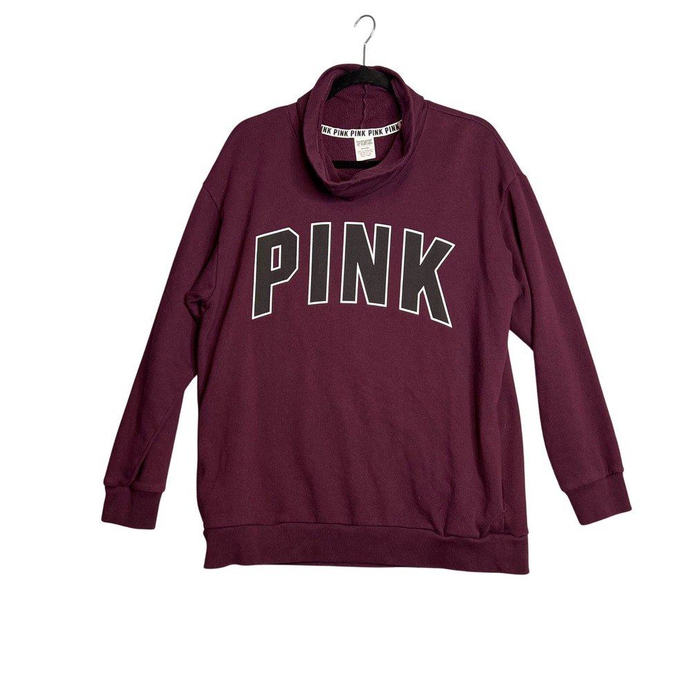 PINK Victorias Secret Burgundy Cowl‎ Neck Spellout Sweatshirt Size M w/ Pockets